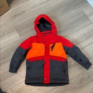 Vibrant Red and Orange Puffer Jacket with Hood